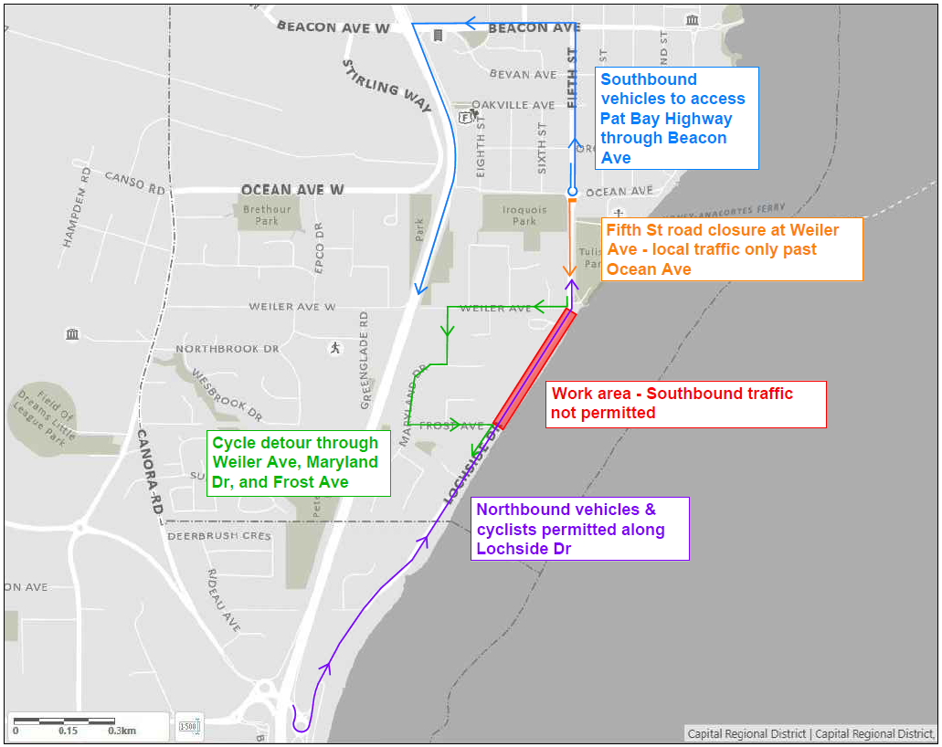 Map showing detour route during Lochside Drive watermain replacement